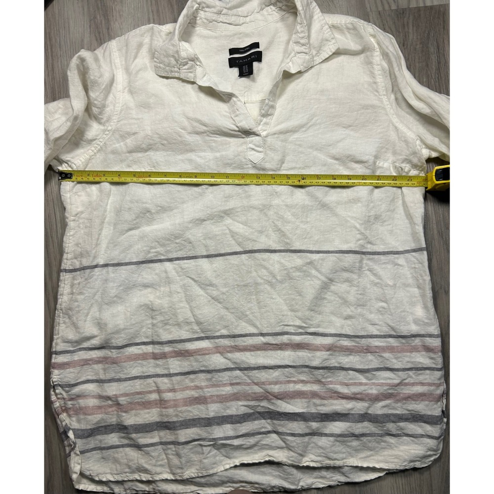 Tahari 1X Linen Stripe Collared V-Neck Roll-Tab Sleeve Shirt Top Womens tunic - Picture 5 of 7
